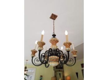 Gorgeous Wrought Iron And Italian Ceramic Chandelier
