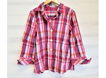 Women's Foxcroft Pink, White And Blue Button Down Cuffed Sleeve Shirt Size Large