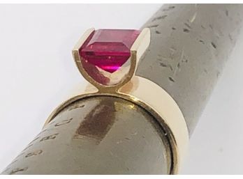 Wow! Hubertus Von Skal Ultra Modern 14K Pink/Red Rubellite Tourmaline Solitaire Ring Bohemian Designer Sz.7
