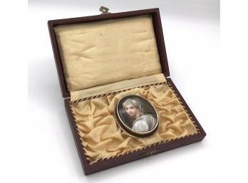 Large Museum Quality Victorian Era Antique Hand-Painted Portrait Set In Solid 14K Gold Brooch/Pendant