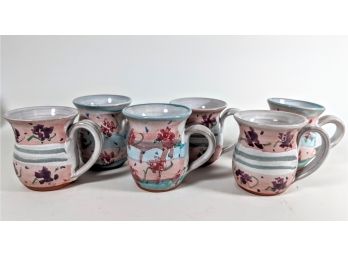 Awesome Set/6 Hand-Thrown Hand-Glazed Ceramic Mugs Signed By The Artist 4' Tall