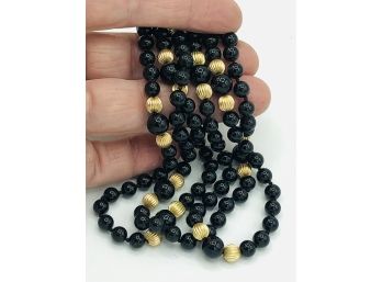 Beautiful Natural Onyx And 14K Solid Gold Beads Necklace 35” Long