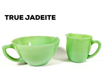 VINTAGE FIRE KING JADEITE JADE GLASS OVENWARE BOWL WITH SPOUT AND SMALL PITCHER SEA FOAM GREEN; BOTH SIGNED
