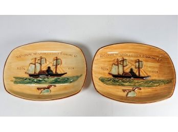 Set/2 Antique Pennsbury Pottery Glazed Ceramic Dishes; Ship Motif; Hand Painted For The Essex Banking Co. 8'