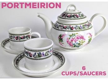 Glorious English Porcelain Portmeirion Tea Set For 6; Bleeding Hearts, Butterflies And Wildflowers
