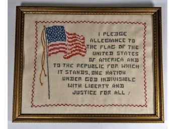 Antique Hand Cross Stitched Old Glory And Pledge Of Allegiance Framed Textile: 14x11'