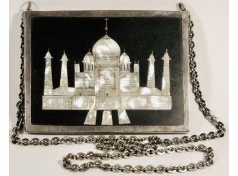 Exceedingly Rare Awesome Large Antique Mother Of Pearl Inlaid Mosque Ebony Slab Sterling Bezel Necklace