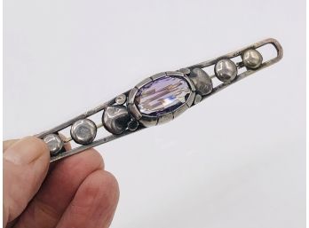 Georgian Era Antique Silver Bar Pin; Very Old Unusually Large Segmented Setting Holds 10C. Facetted Amethyst