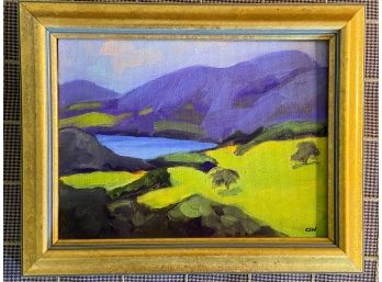 Landscape Painting Mountians Lake Trees Signed CSN Painting On Canvas Board 6x8' Framed