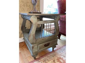 Rustic Looking Side End Table With Harp Shaped Sides And Signle Drawer 22x24x26'