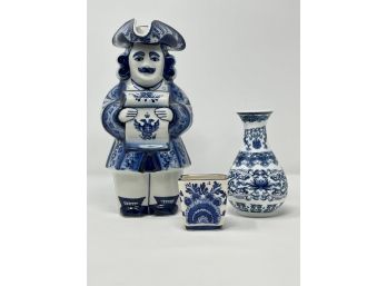 Blue/ White Figural Bottle, Asian Vase And A Delft Toothpick Holder