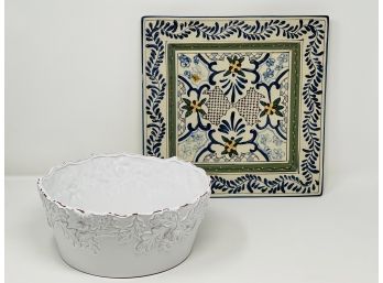 Hand Painted Expressions Square Hanging Plate Together With A Mud Pie Oakleaf Salad Bowl