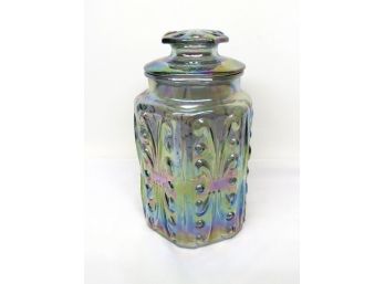 Imperial Glass Atterbury Scroll And Hexagon Iridescent Carnival Covered Storage / Cookie Jar 9'