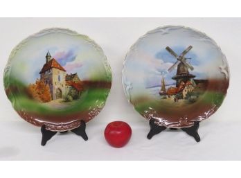 Pair Of Hand Painted Dutch Chargers Windmill And Old Church - Matching Colors