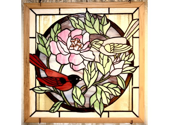 Stained Glass Window With Two Birds Sitting On Floral Branches