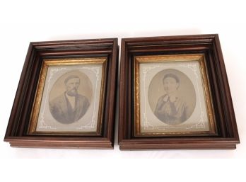 Pair Of Antique Mahogany Wood Photo Frames With Portraits