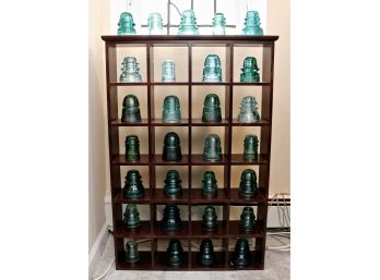 Collection Of Vintage Glass Insulators In Wooden Shelf Case