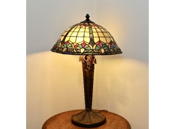 Tiffany Style Art Nouveau Stained Glass And Bronze Lamp (Shade With Yellow Protruding Glass Pieces)