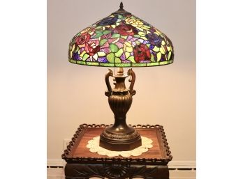 Tiffany Style Colorful Floral Stained Glass And Bronze Lamp