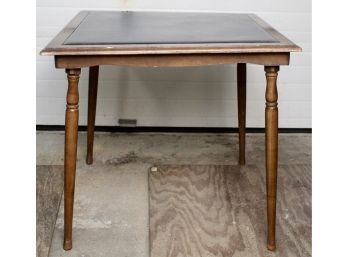 Vintage Wood Folding Card Table With Black Leather-Like Top