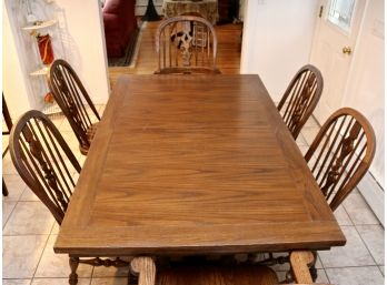 Ethan Allen Traditional Royal Charter Oak Bowback Solid Oak Chairs And Jacobean-Style Oak Trestle Table
