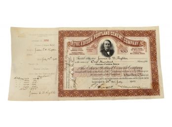Authentic Antique Common Capital Stock Certificate Of The Edison Portland Cement Company, Of The State Of New Jersey Dated July 28, 1905.