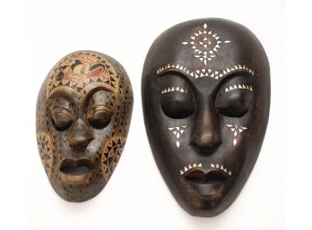 Hand Carved Wooden Indonesian Tribal Mask Mother Of Pearl Inlay And Hand Painted Carved Wood Mask