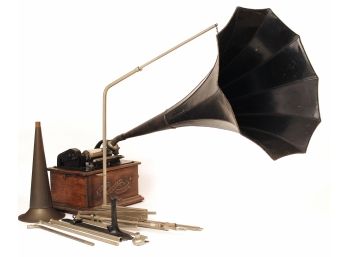 Thomas Edison Phonograph + Flower Horn + Stand + Books (SEE ADDITIONAL PHOTOS)