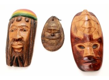 Vintage Moroccan Alabaster Mask, Rastafarian Wood Mask And Carved Wood Mask