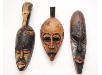 Three Carved In Ghana African Wood Masks