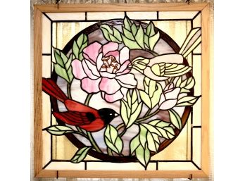 Stained Glass Window With Two Birds Sitting On Floral Branches