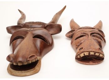 Signed Carved Wood Donkey Masks With Horns