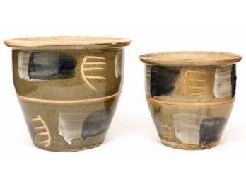 Set Of Two Glazed Pottery Planting Pots