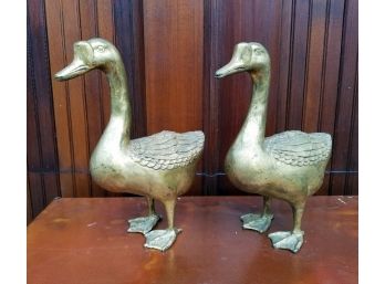 Pair Vintage Cast Brass Ducks