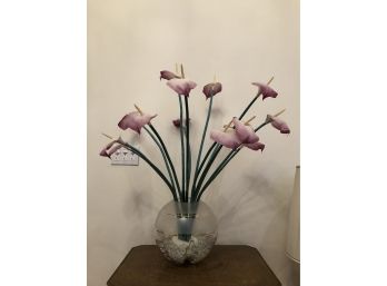 Faux Calla Lilies In Clear Glass Globular Vase