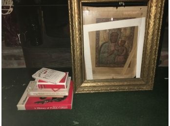 Dilapidated Framed Polish Picture With Polish Books