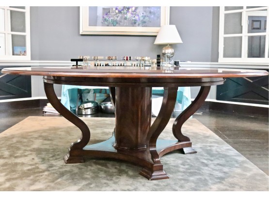 Sunburst Banded Mahogany Barrel Pedestal Dining Table With Bracketed Supports