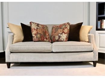 Two Seat Cushion Taupe Velvet Sofa With Pillows