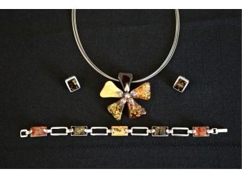 Set Of 3  Amber And Sterling Silver 925 And Earrings, Bracelet And Necklace