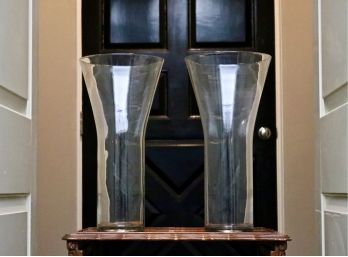 Set Of 2 Elongated Funnel Glass Vases 18”H