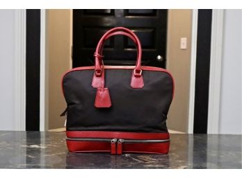 Prada Red Leather And Black Nylon Zippered Tote Bag