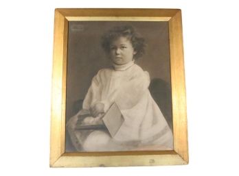 Antique Turn Of The Century Portrait Of A Child In A Linen Frock Framed In Gold Gilt