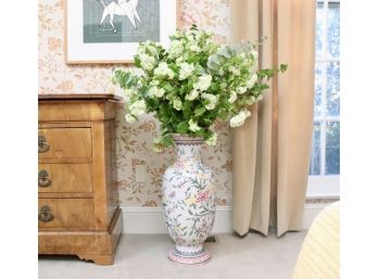 Large Portuguese Faience Floor Vase With Hydrangea Floral Arrangement