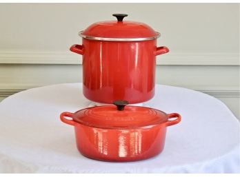 Set Of 2 Red  Le Creuset  Cast-Iron Oval Dutch Oven  And Stock Pot