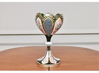 Scalloped Vintage Green Glass Enameled Floral Gold Gilt Pedestal Vase