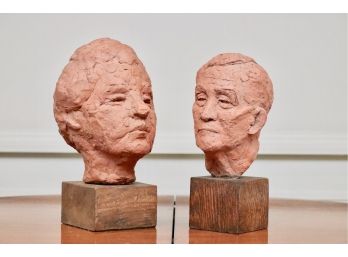 Two Male Clay Busts On Wooden Stands (Artists Unknown)