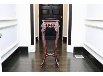 Asian Octagonal Rosewood And Pink Marble Carved Table Pedestals 2 Of 2