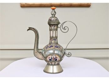 Moroccan Ceramic Footed Vase With Spout From Fez With Silver Filigree