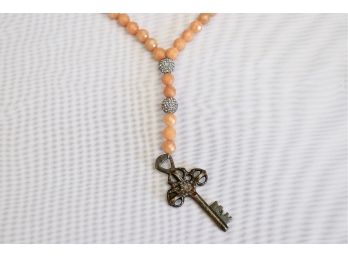 Multifaceted Opaque Peach Glass Beaded Necklace With Rhinestone Beads And  Vintage Key Pendant
