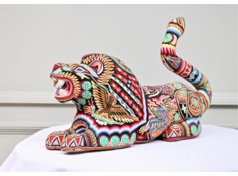 Multicolored Thread On Wood Animal Folk Textile Art